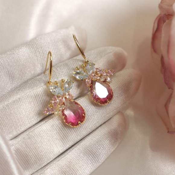 Zircon Rose Quartz Butterfly Drop Earrings - Picture 4 of 11